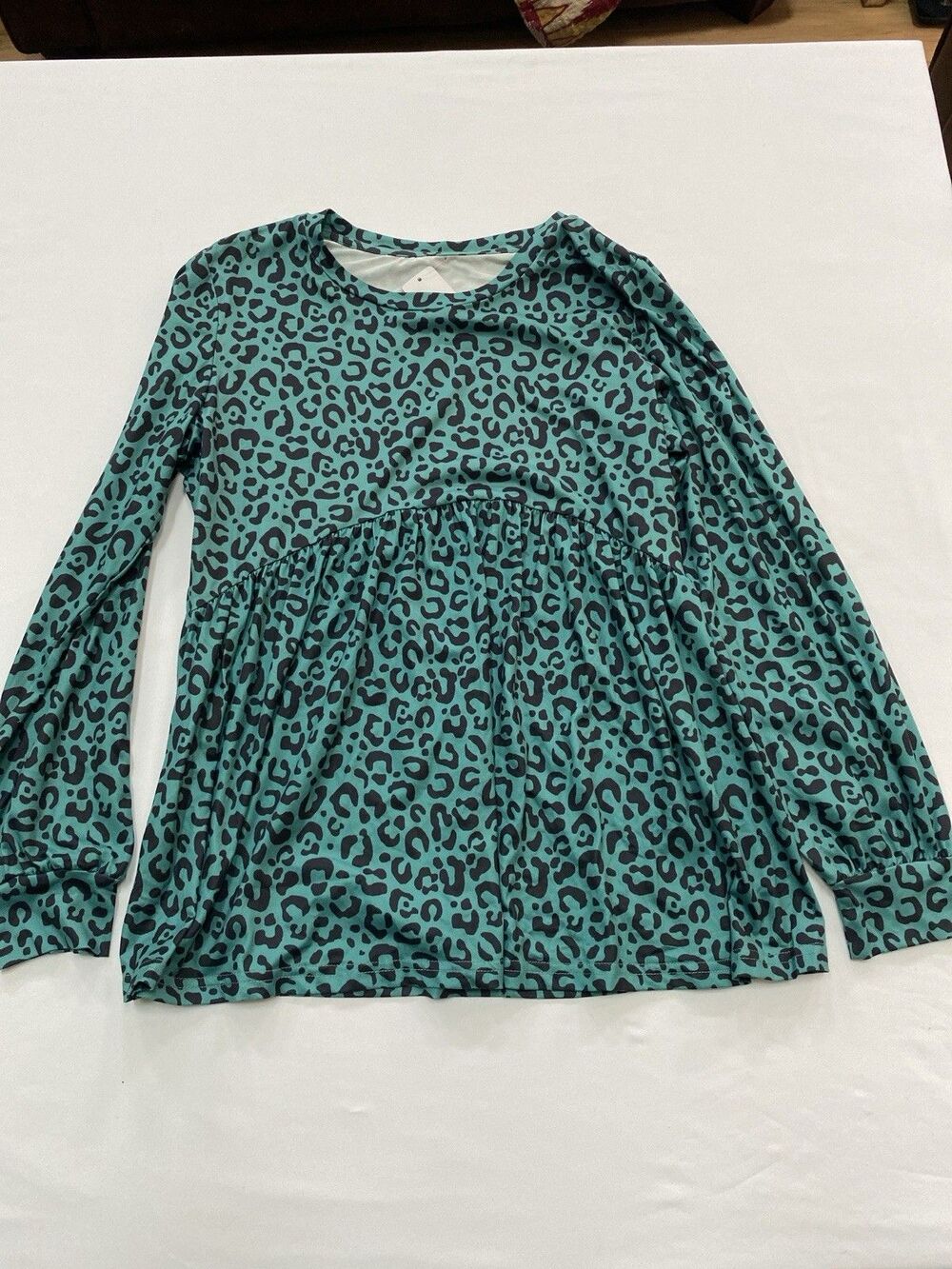 Boutique Teal Leopard Babydoll Top Small Animal Print Tunic Long Sleeve